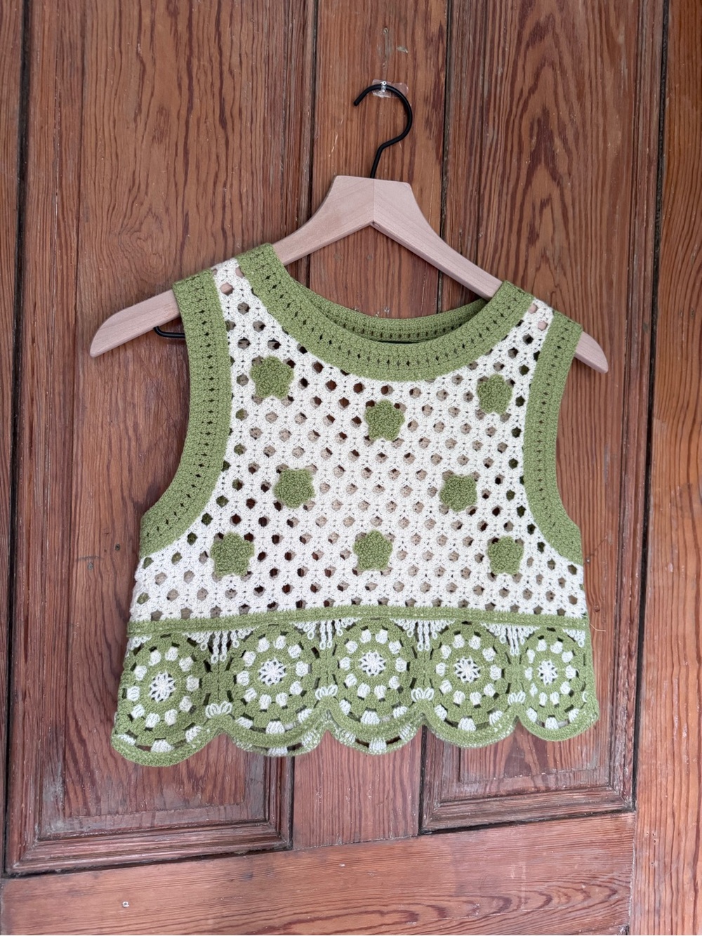 Crochet Sleeveless Tank Top in Green & Cream